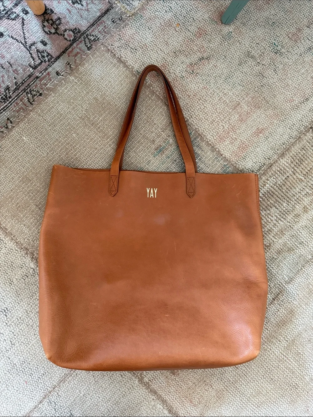 Madewell Cognac Leather Tote with Gold 'YAY' Accent